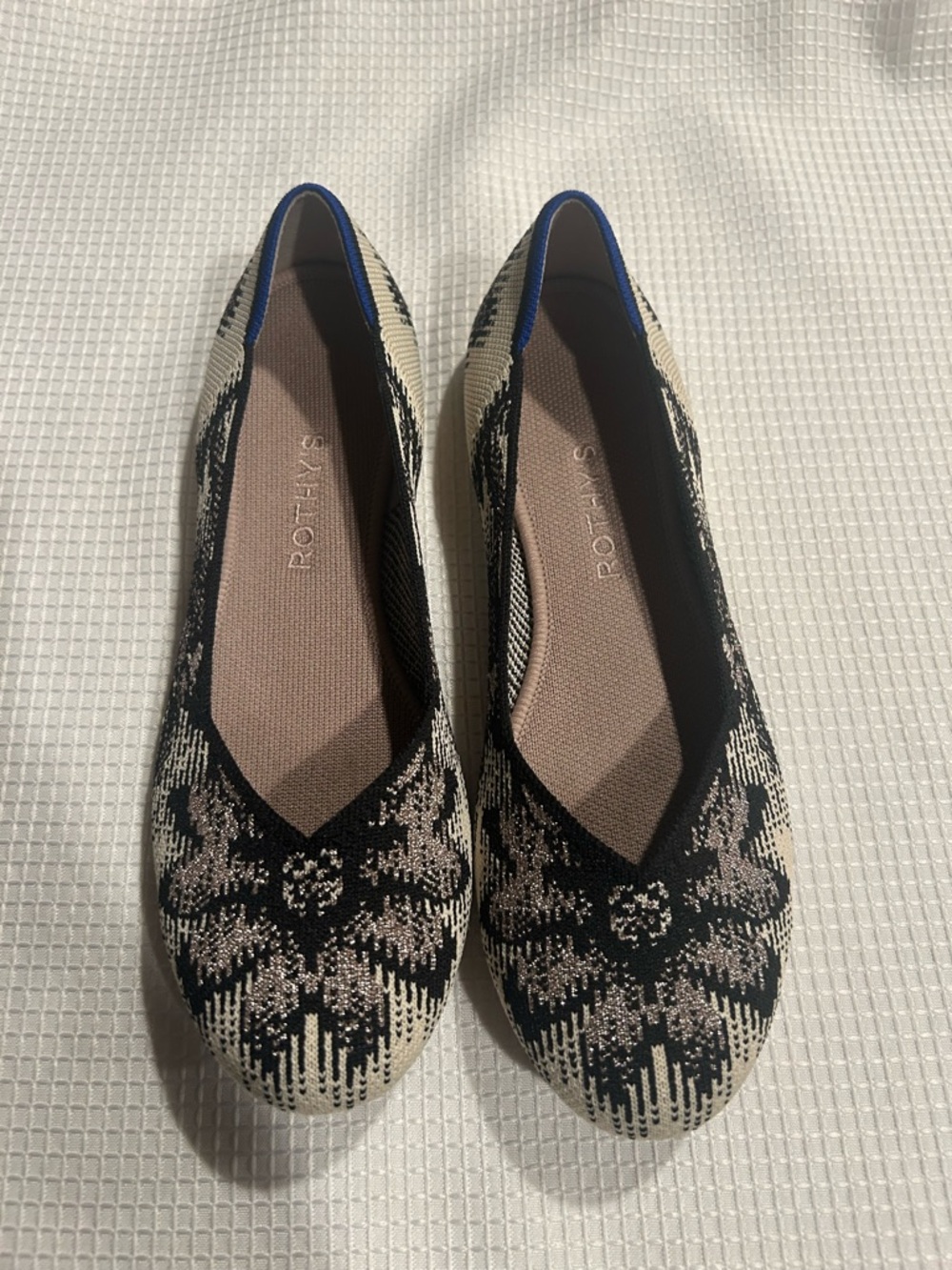 Rothy's Black, Cream & Blue Knit Ballet Flats